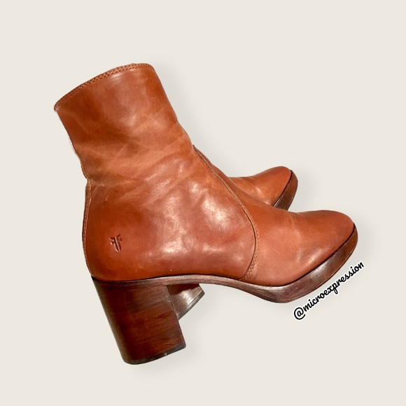 $389 Frye Joan Campus Cognac Brown Side Zip Leather Block Heel Cute Ankle Bootie - Picture 12 of 14